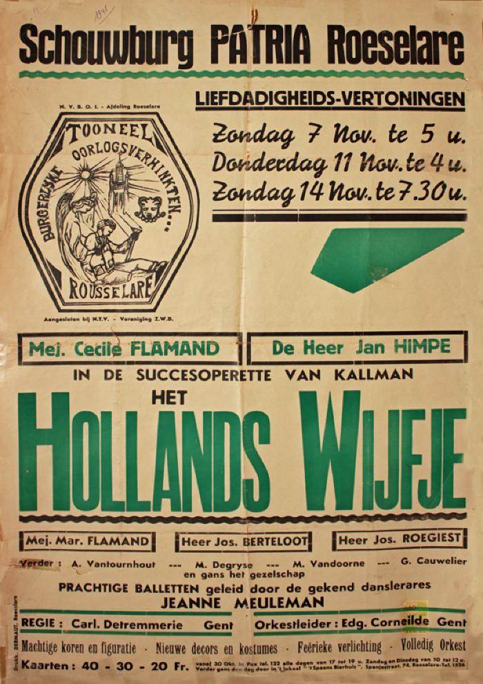 Affiche van de Operetteopvoering "Het Hollands Wijfje" door het  toneelgezelschap "de burgerlijke oorlogsverminkten", Roeselare, 1948