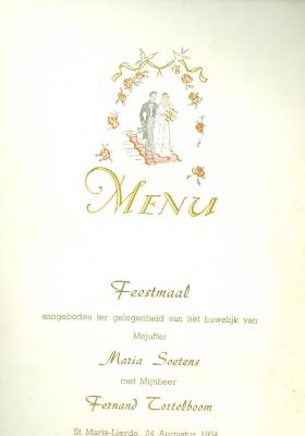Menu feestmaal huwelijk Maria Soetens en Fernand Tortelboom, 1954.