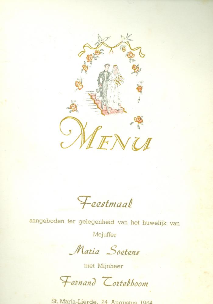 Menu feestmaal huwelijk Maria Soetens en Fernand Tortelboom, 1954.