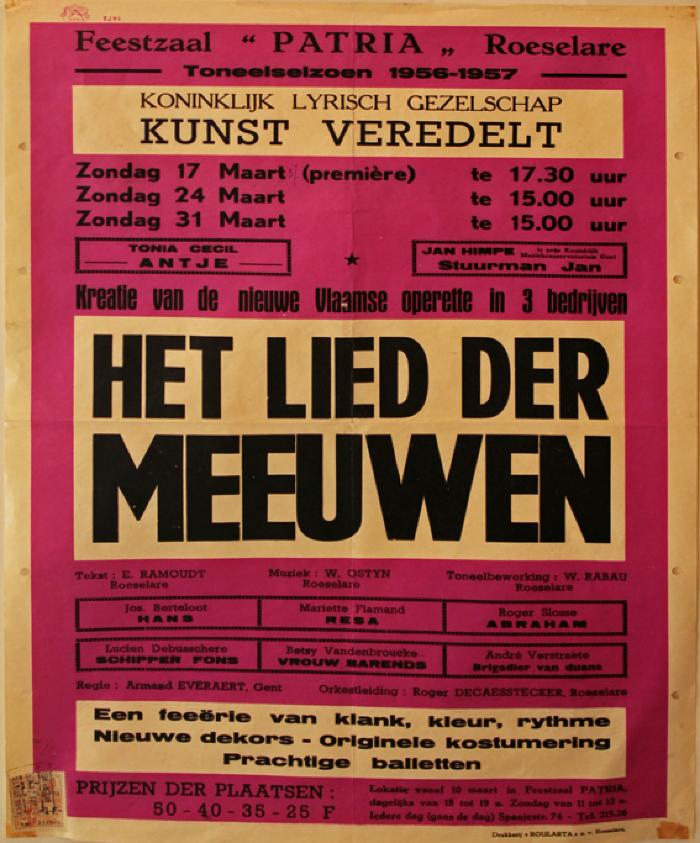 Affiche van de Toneel- en Operetteopvoering "Het Lied der Meeuwen" door het  Roeselaars Koninklijk Lyrisch Gezelschap "Kunst Veredelt", Roeselare, 1957