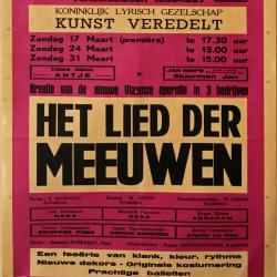 Affiche van de Toneel- en Operetteopvoering "Het Lied der Meeuwen" door het  Roeselaars Koninklijk Lyrisch Gezelschap "Kunst Veredelt", Roeselare, 1957