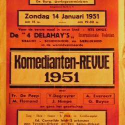 Affiche van de revuevoorstelling "Komedianten-revue 1951" door het  Toneel- en Operettegezelschap "de Burgerlijke Oorlogsverminkten", Roeselare, 1951