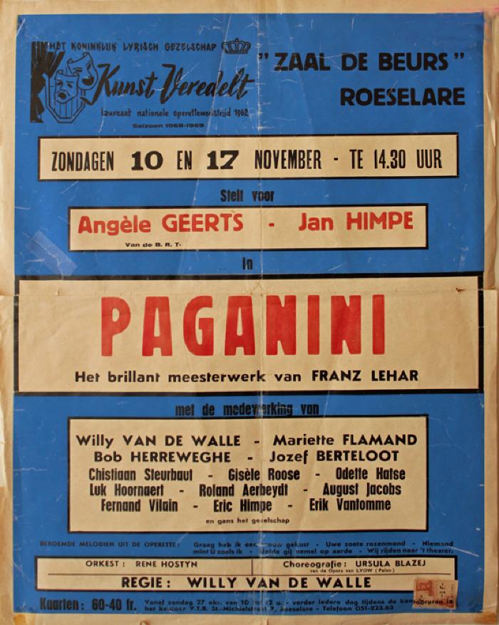 Affiche van de Toneel- en Operetteopvoering "Paganini"  door het  Roeselaars Koninklijk Lyrisch Gezelschap "Kunst Veredelt", Roeselare, 1968