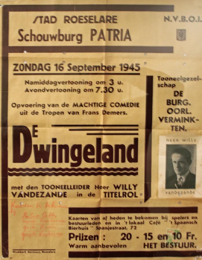 Affiche van de toneelopvoering "De Dwingeland" van Frans Demers door het  toneelgezelschap "de burgerlijke oorlogsverminkten", Roeselare, 1948