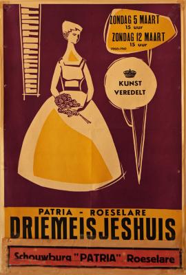 Affiche van de Toneel- en Operetteopvoering "Driemeisjeshuis"  door het  Roeselaars Koninklijk Lyrisch Gezelschap "Kunst Veredelt", Roeselare, 1961