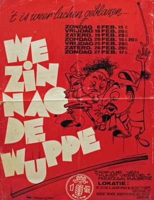Affiche van de derde Roeselaarse revue "We zin noa de wuppe" door het  Roeselaars Lyrisch Gezelschap "Kunst Veredelt", Roeselare, 1983