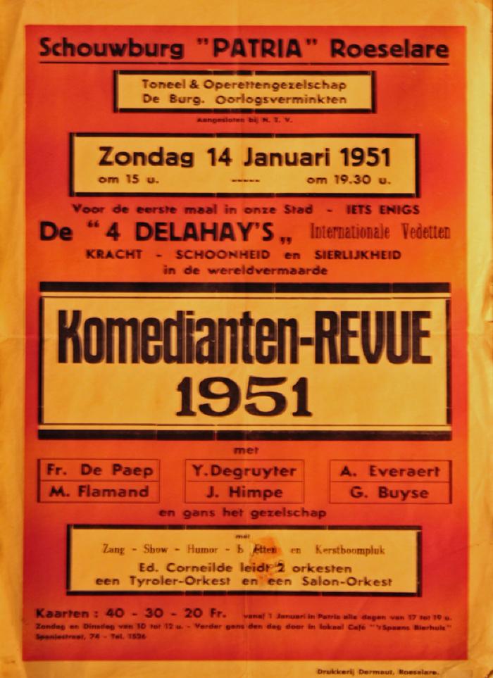 Affiche van de revuevoorstelling "Komedianten-revue 1951" door het  Toneel- en Operettegezelschap "de Burgerlijke Oorlogsverminkten", Roeselare, 1951