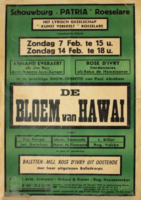 Affiche van de Toneel- en Operetteopvoering "De bloem van Hawaï" door het  Roeselaars Lyrisch Gezelschap "Kunst Veredelt", Roeselare, 1954