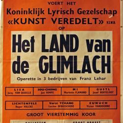 Affiche van de Toneel- en Operetteopvoering "Het Land van de Glimlach" door het  Roeselaars Koninklijk Lyrisch Gezelschap "Kunst Veredelt", Roeselare, 1958