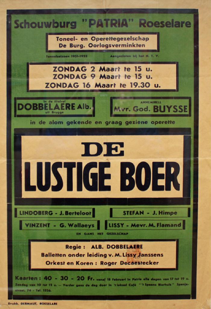 Affiche van de Toneel- en Operetteopvoering "De Lustige Boer" door het  Toneel- en Operettegezelschap "de Burgerlijke Oorlogsverminkten", Roeselare, 1952