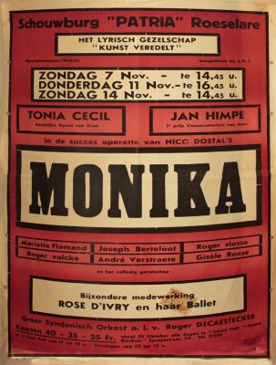 Affiche van de Toneel- en Operetteopvoering "Monika" door het  Roeselaars Lyrisch Gezelschap "Kunst Veredelt", Roeselare, 1954