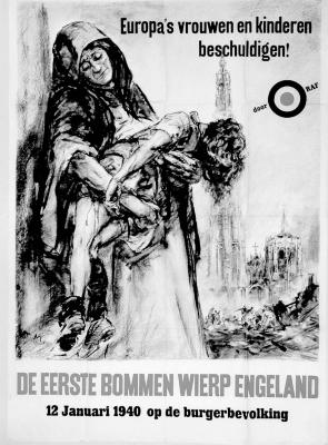 Affiche "Europa's vrouwen en kinderen beschuldigen! De eerste bommen wierp Engeland.", WOII.