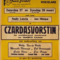 Affiche van de Toneel- en Operetteopvoering "De Czardasvorstin"  door het  Roeselaars Koninklijk Lyrisch Gezelschap "Kunst Veredelt", Roeselare, 1971