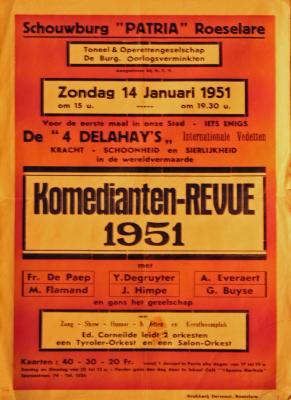 Affiche van de revuevoorstelling "Komedianten-revue 1951" door het  Toneel- en Operettegezelschap "de Burgerlijke Oorlogsverminkten", Roeselare, 1951