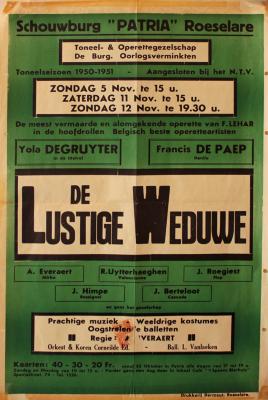 Affiche van de Operetteopvoering "De Lustige Weduwe" door het  toneel- en operettegezelschap "de Burgerlijke Oorlogsverminkten", Roeselare, 1950