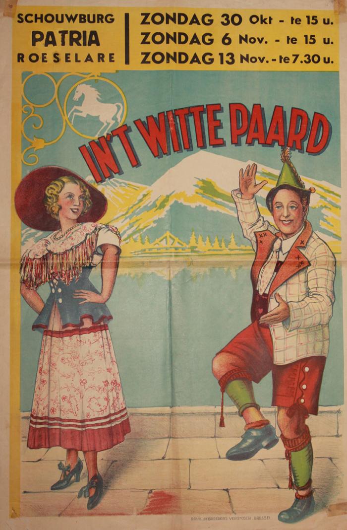 Affiche van de Operetteopvoering "In 't Witte Paard" door het  toneelgezelschap "de burgerlijke oorlogsverminkten", Roeselare, 1949