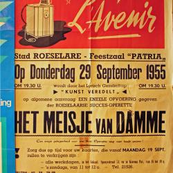 Affiche van de Toneel- en Operetteopvoering "Het Meisje van Damme" door het  Roeselaars Lyrisch Gezelschap "Kunst Veredelt", Roeselare, 1955