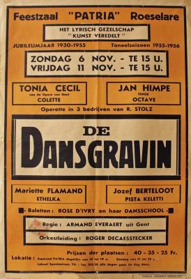 Affiche van de Toneel- en Operetteopvoering "De dansgravin" door het  Roeselaars Lyrisch Gezelschap "Kunst Veredelt", Roeselare, 1954