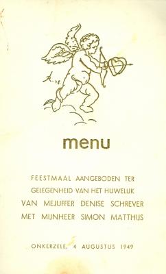 Menu feestmaal huwelijk Simon Matthijs en Denise Schrever, 1949.