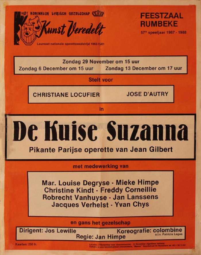 Affiche van de Toneel- en Operetteopvoering "De Kuise Suzanna" door het  Roeselaars Lyrisch Gezelschap "Kunst Veredelt", Roeselare, 1987