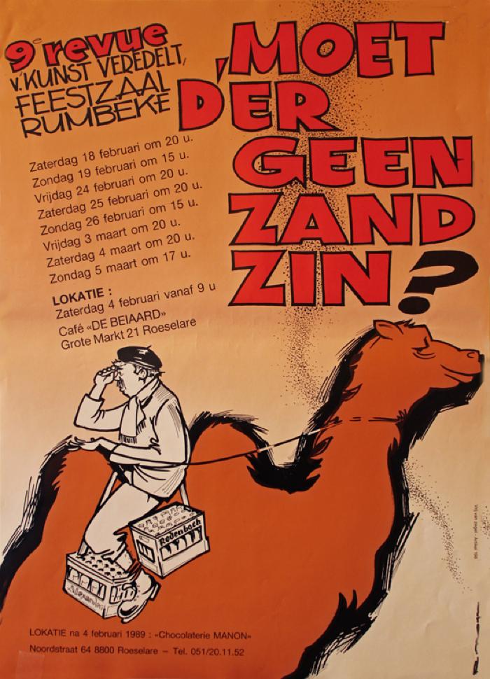 Affiche van de 9° Roeselaarse Revue opvoering "Moet d'r geen zand zin" door het  Roeselaars Lyrisch Gezelschap "Kunst Veredelt", Roeselare, 1989