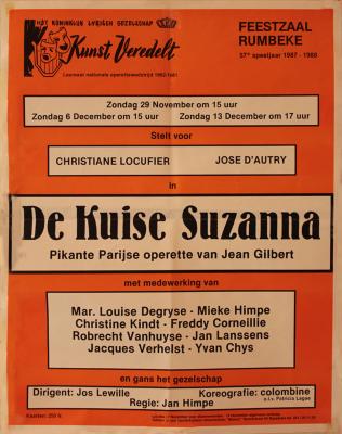 Affiche van de Toneel- en Operetteopvoering "De Kuise Suzanna" door het  Roeselaars Lyrisch Gezelschap "Kunst Veredelt", Roeselare, 1987