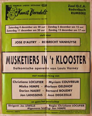 Affiche van de Toneel- en Operetteopvoering "Musketiers in het klooster" door het  Roeselaars Lyrisch Gezelschap "Kunst Veredelt", Roeselare, 1993
