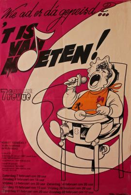 Affiche van de 7° Roeselaarse Revue opvoering "Wie ad er da gepeisd..? 't Is van moeten" door het  Roeselaars Lyrisch Gezelschap "Kunst Veredelt", Roeselare, 1987
