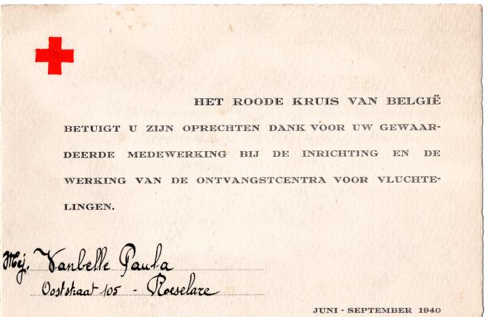 Bedankkaart Rode Kruis, 1940 