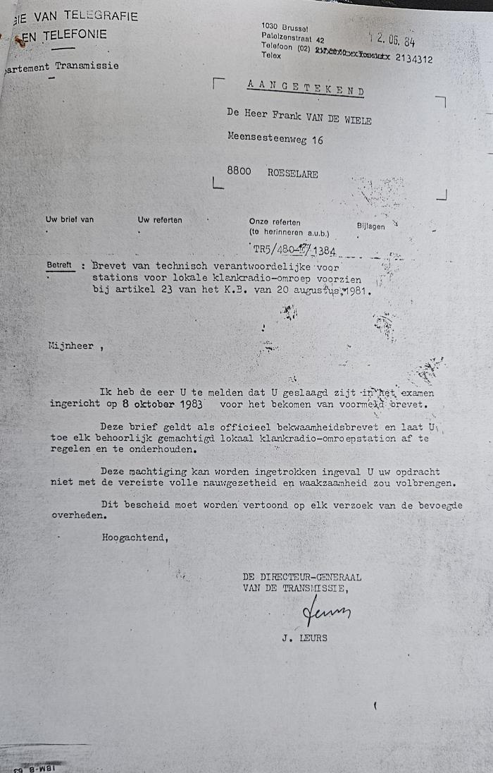 Aanvraagdossier met brevet Frank Vandewiele