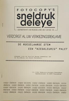 De Roeselaarse stem, een "kieskeurig" palet - Enquête over de kies- en keuze-intenties van de bevolking van Groot Roeselare. 1994