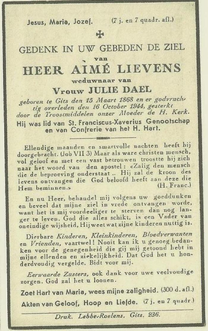 Bidprentje Aimé Lievens
