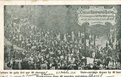 Pronkwagen van het Circus Barnum&Bailey, getrokken door 40 paarden