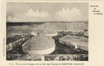 Luchtfoto van het tentenkamp van Barnum & Bailey