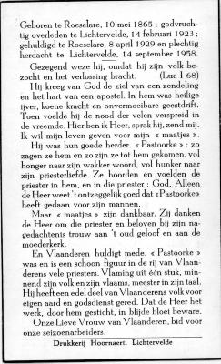 Gedachteniskaartje pasterke Edmond Denys, 1958