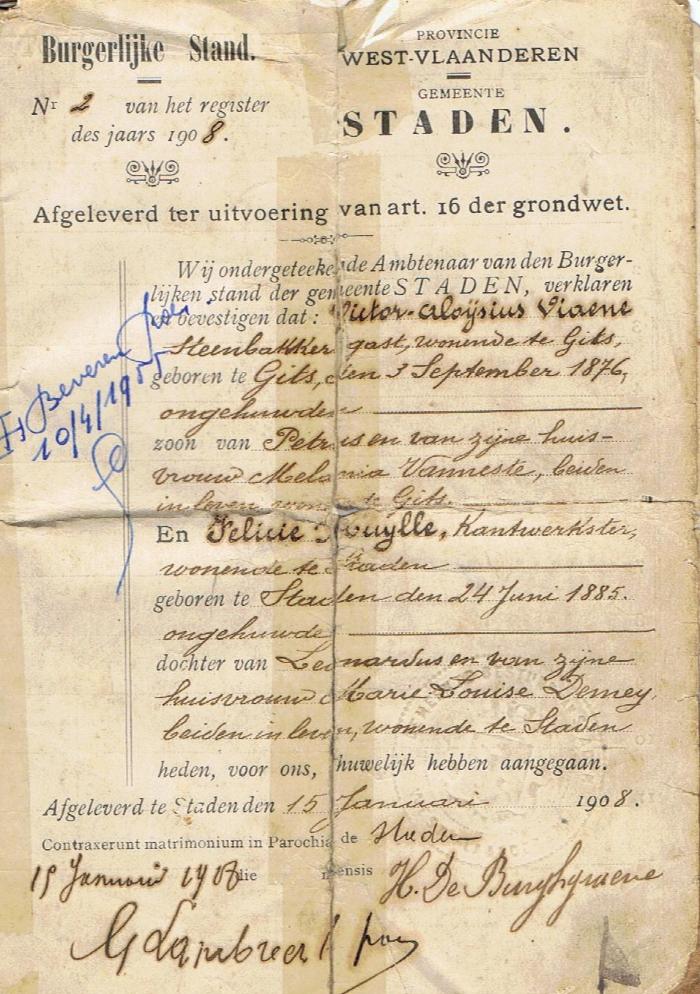Trouwakte Victor Viaene en Félicie Muylle, Staden, 1908
