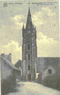 Prentkaart gebombardeerde kerktoren, Gits